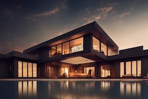 A stunning modern mansion with a poolside view reflecting the sunset sky.